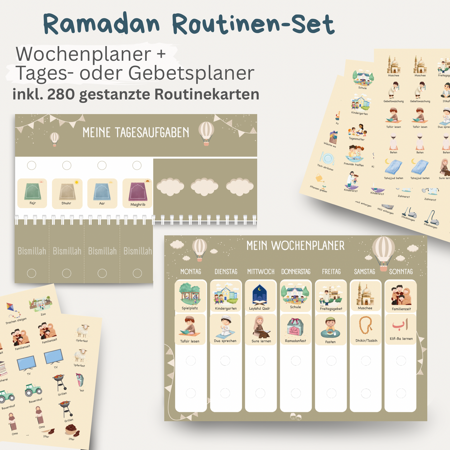 Ramadan Wochen- & Tagesplaner Bundle Kinder mit 280 Klett-Routinekarten | Islamisches Aktivitäts-Set | BALLONTRÄUME