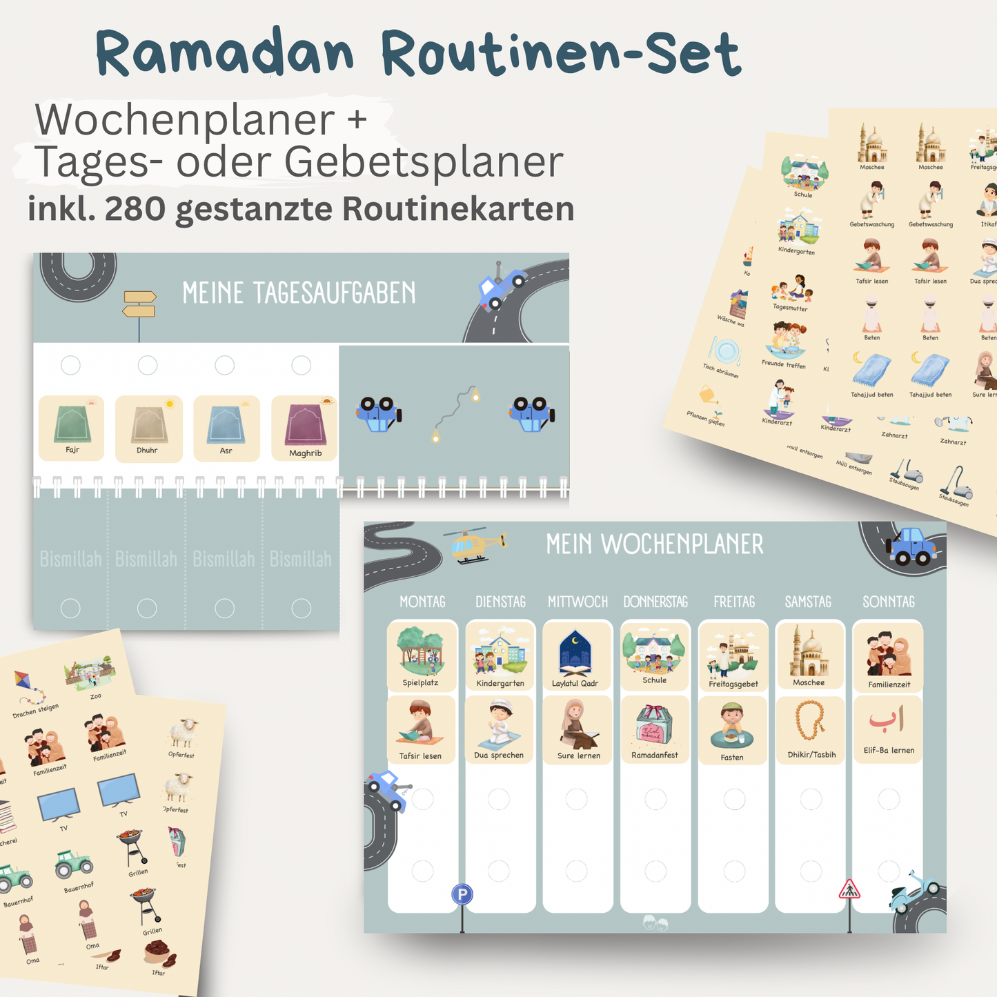 Ramadan Wochen- & Tagesplaner Bundle Kinder mit 280 Klett-Routinekarten | Islamisches Aktivitäts-Set | AUTOS