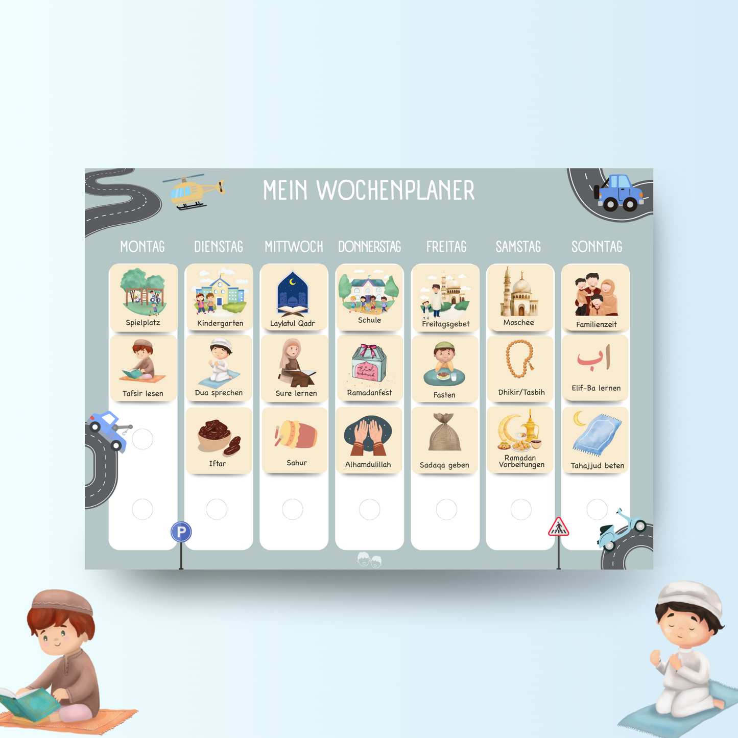Ramadan Wochen- & Tagesplaner Bundle Kinder mit 280 Klett-Routinekarten | Islamisches Aktivitäts-Set | AUTOS