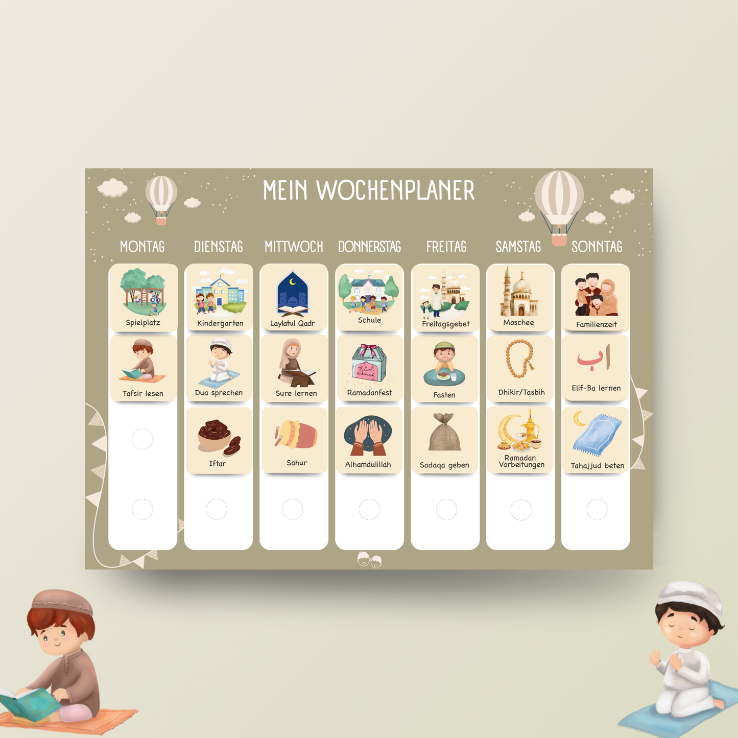 Ramadan Wochen- & Tagesplaner Bundle Kinder mit 280 Klett-Routinekarten | Islamisches Aktivitäts-Set | BALLONTRÄUME